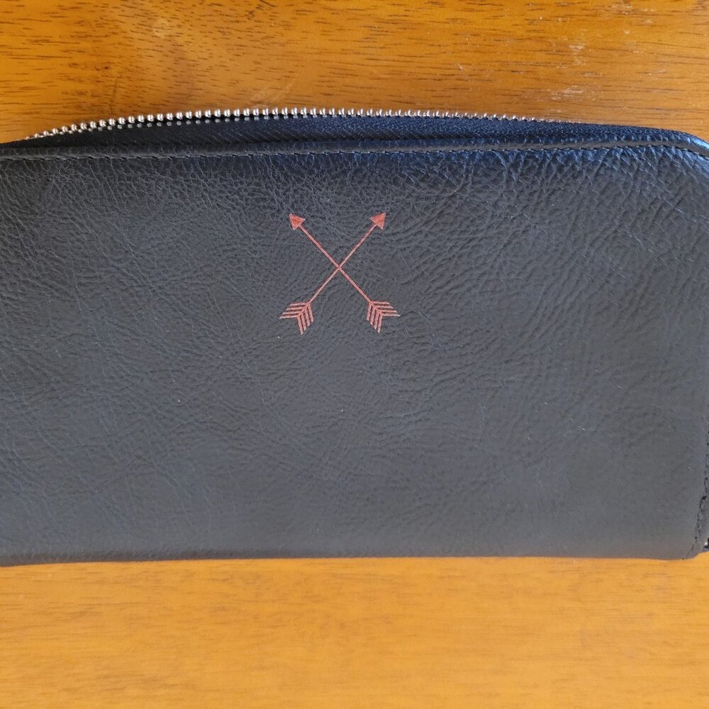 Black faux lether wallet zipper closuer credit card money license